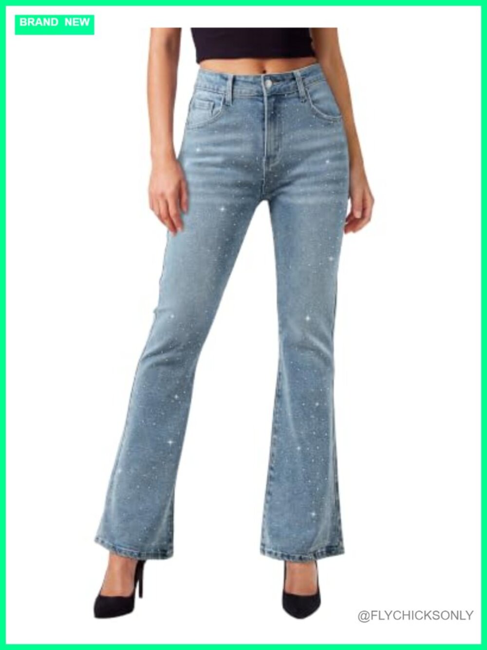 High Rise Flare Jeans Rhinestone Stretch Denim Patch Pocket